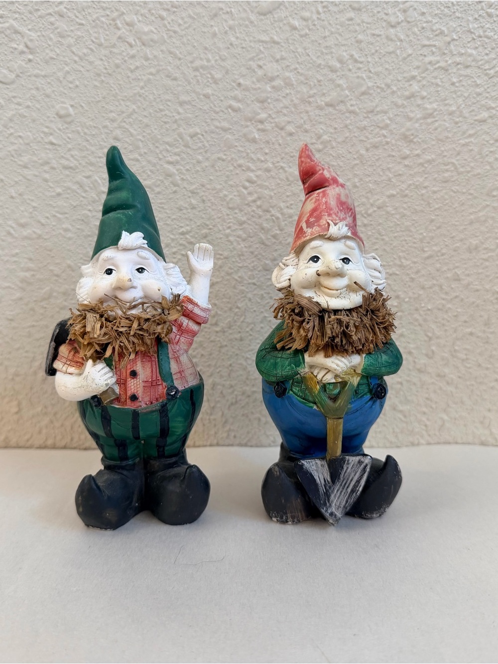 Vintage Garden Gnome Figurines Pair Resin Lawn Decor Plaid Clothes 5.5”